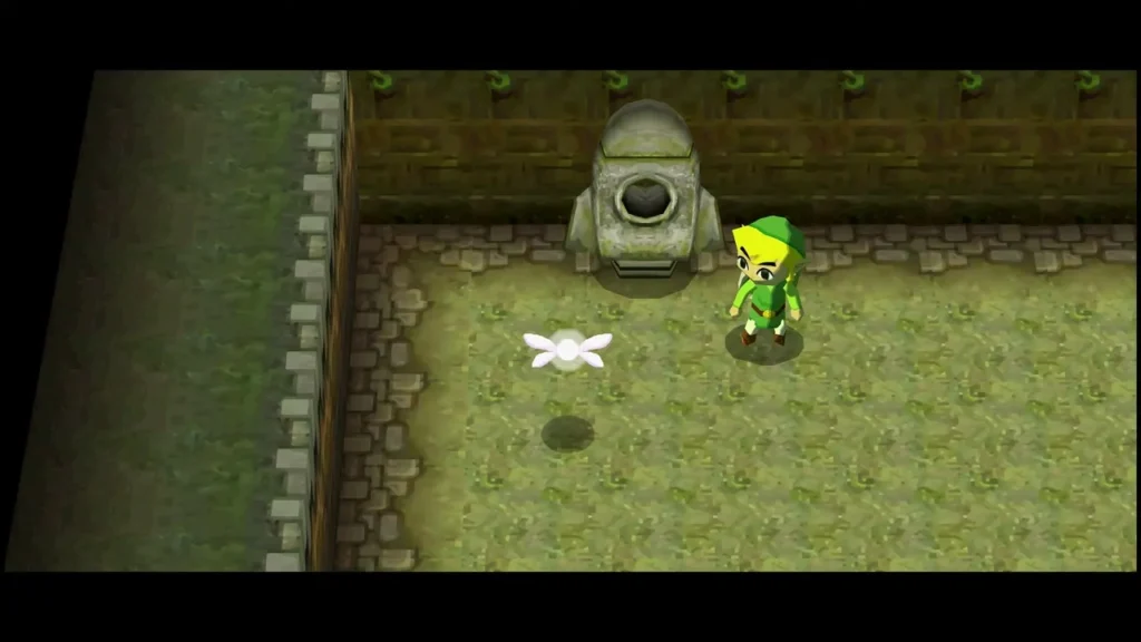 Link beside the rocket-shaped statue at the Forest Temple entrance, a spirit fairy hovering nearby Link beside the rocket-shaped statue at the Forest Temple entrance, a spirit fairy hovering nearby
