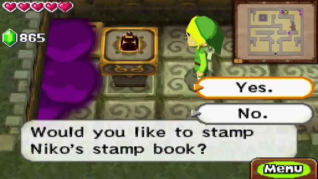 The prompt asking whether Link wants to stamp Niko's stamp book, with Yes and No choices The prompt asking whether Link wants to stamp Niko's stamp book, with Yes and No choices