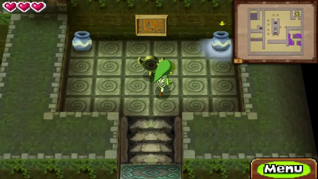 Link standing in the swirl-tiled room with pots, the eye-glyph door ahead Link standing in the swirl-tiled room with pots, the eye-glyph door ahead