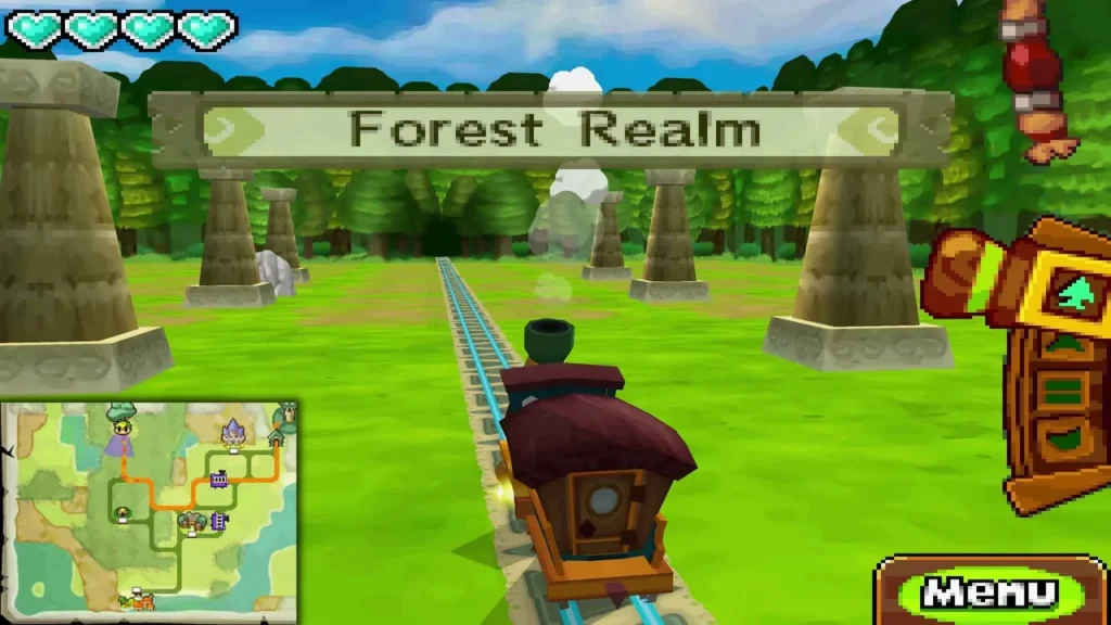 The train rolling along the rails toward the Forest Realm gate, with the small map in the corner The train rolling along the rails toward the Forest Realm gate, with the small map in the corner