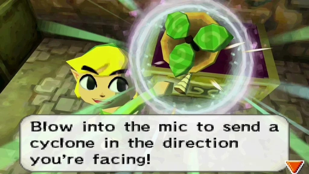 Link beside a chest with the Whirlwind, the message box telling him to blow into the mic to send a cyclone Link beside a chest with the Whirlwind, the message box telling him to blow into the mic to send a cyclone