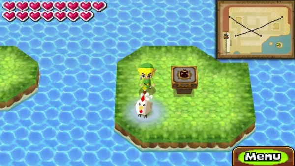 Link and a Cucco on a small island beside a stamp station pedestal Link and a Cucco on a small island beside a stamp station pedestal