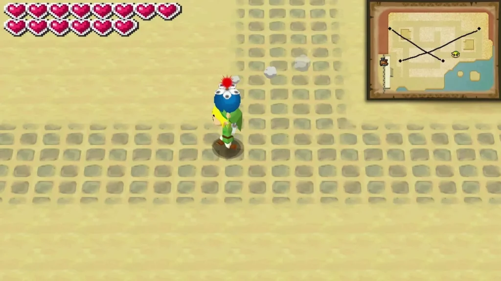 Link carries a bomb flower across the sand to the spot Link carries a bomb flower across the sand to the spot