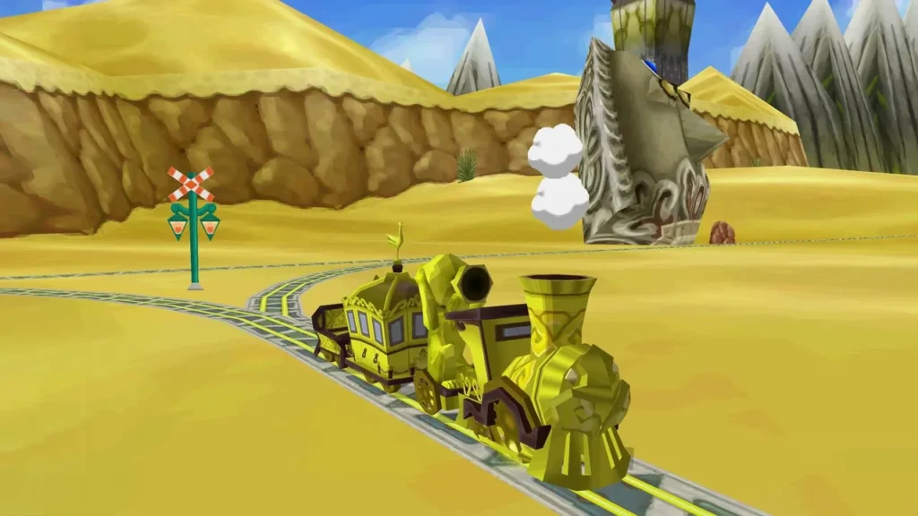 Spirit Train on a curving desert line beside a stone rock formation Spirit Train on a curving desert line beside a stone rock formation