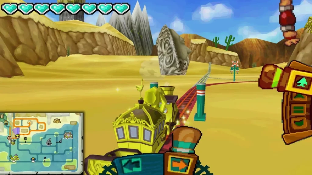 Spirit Train on desert rails past a carved statue Spirit Train on desert rails past a carved statue