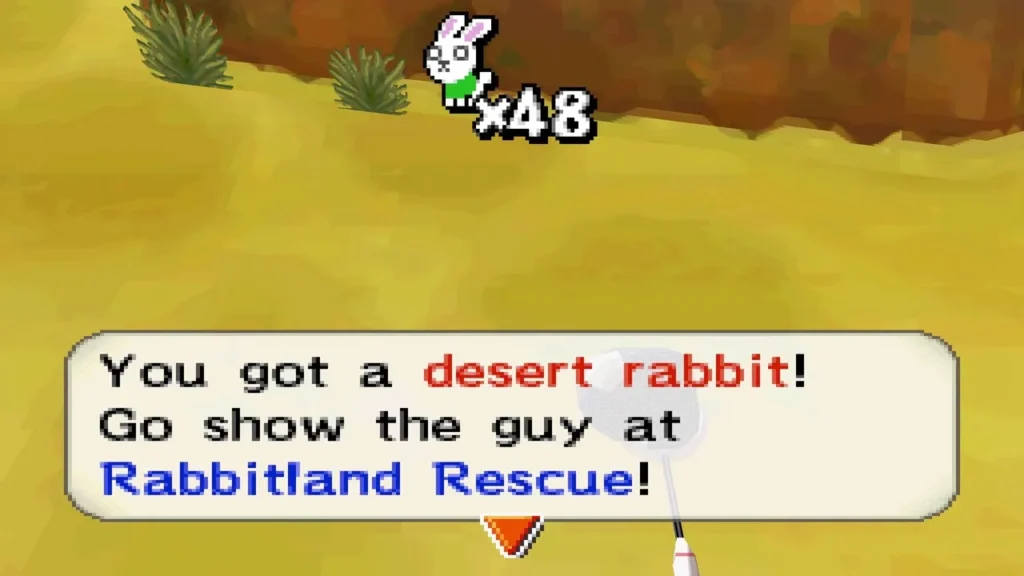 Link catches another desert rabbit near the temple grounds, message box shown Link catches another desert rabbit near the temple grounds, message box shown