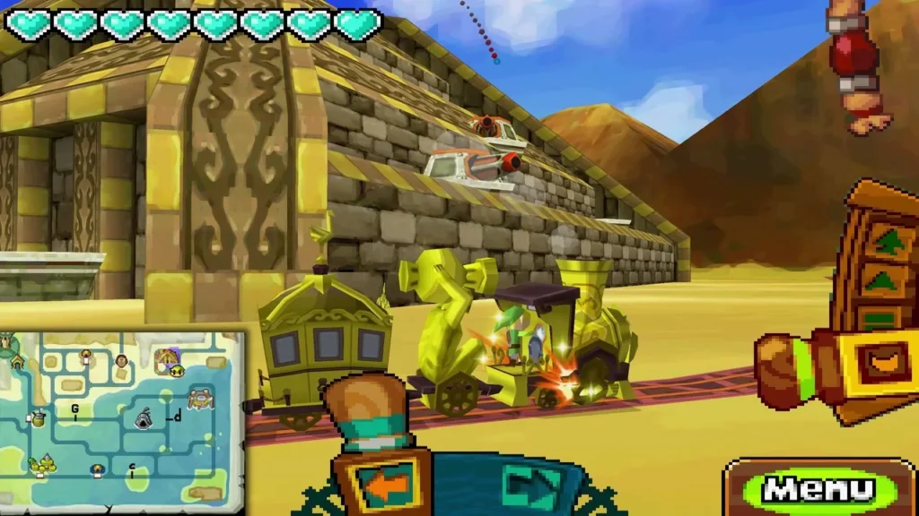 Link fires the cannon at a turret on the temple wall Link fires the cannon at a turret on the temple wall
