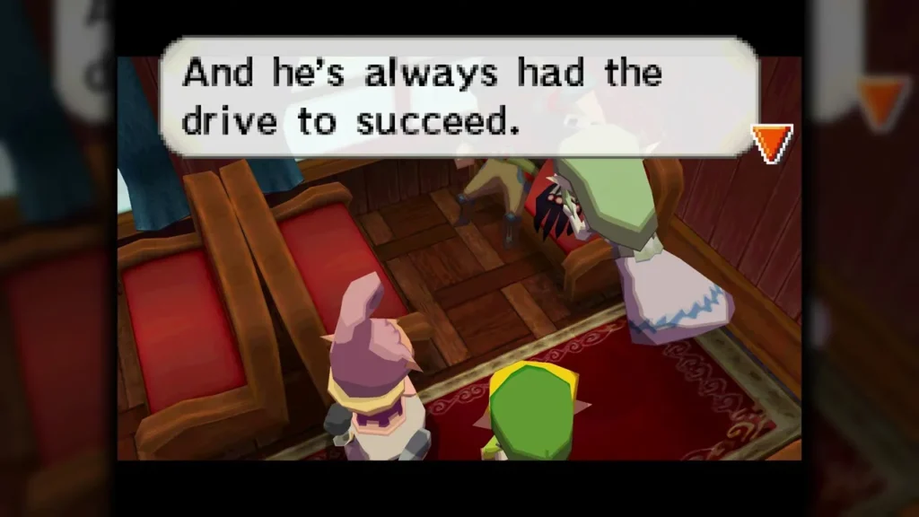Anjean and Link in a red-seated Spirit Train car with a dark figure beyond them Anjean and Link in a red-seated Spirit Train car with a dark figure beyond them