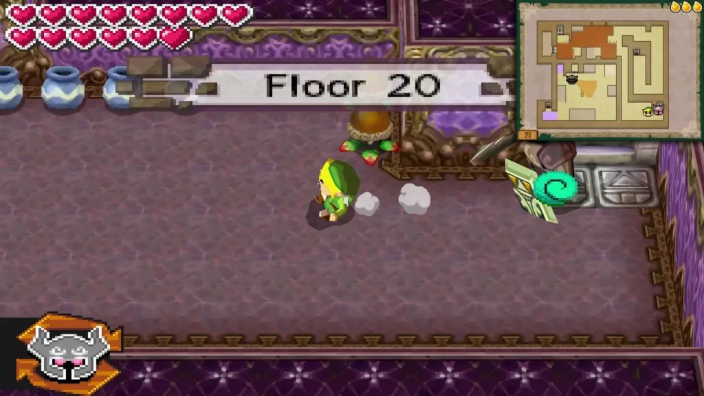 Link heading toward the stairs with the Floor 20 name banner shown on screen Link heading toward the stairs with the Floor 20 name banner shown on screen