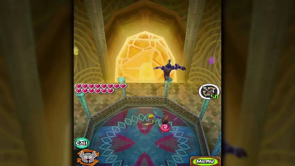 Byrne airborne in front of the golden dome above the round arena with Link and Zelda below Byrne airborne in front of the golden dome above the round arena with Link and Zelda below