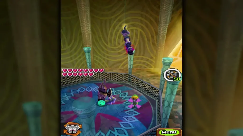 Byrne hanging from a pillar above the round arena while Zelda and Link stand on the floor Byrne hanging from a pillar above the round arena while Zelda and Link stand on the floor