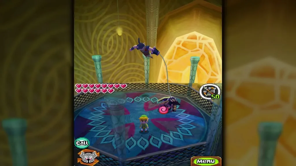 Byrne mid-leap over the round arena with Link standing below Byrne mid-leap over the round arena with Link standing below