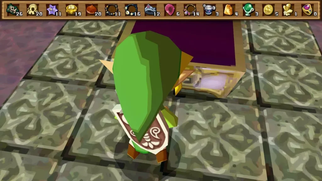 Link facing an open treasure chest set in the pale-tiled room on Floor 21 Link facing an open treasure chest set in the pale-tiled room on Floor 21
