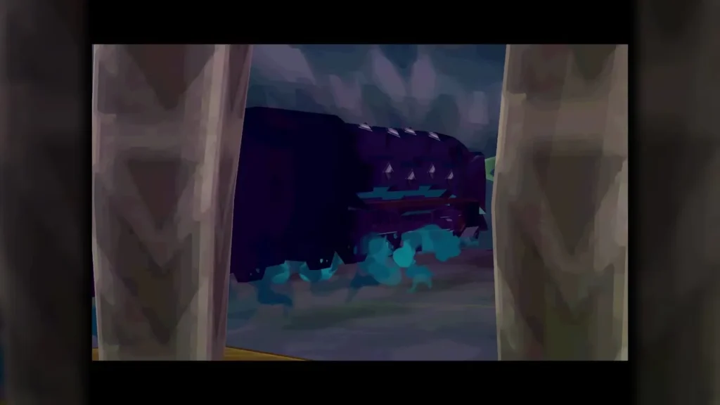 The dark purple Demon Train with cyan smoke rolling past two stone pillars The dark purple Demon Train with cyan smoke rolling past two stone pillars