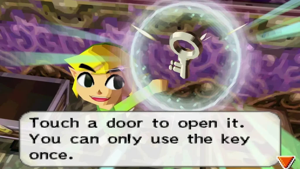 Link holding up a small key with the Touch a door to open it message on screen Link holding up a small key with the Touch a door to open it message on screen