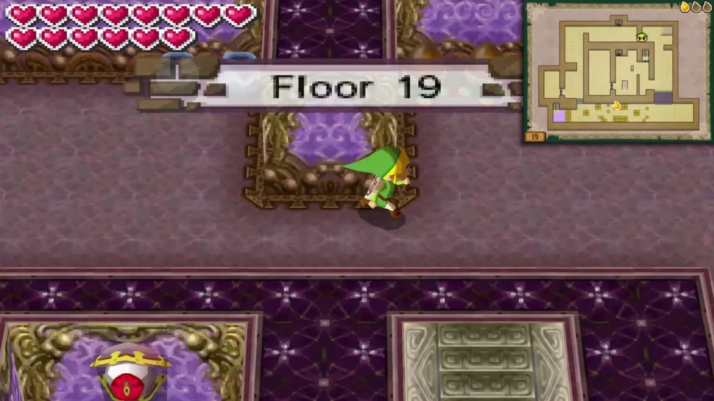 Link arriving on Floor 19 of the Tower of Spirits with the Floor 19 name banner shown Link arriving on Floor 19 of the Tower of Spirits with the Floor 19 name banner shown