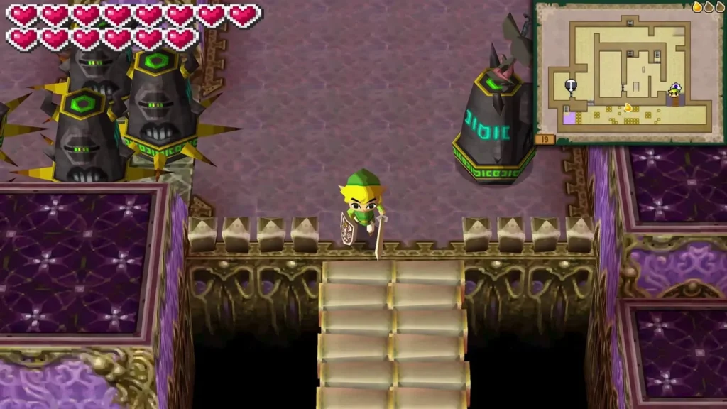 Link crossing a wooden bridge on Floor 19 past two Miniblin statues Link crossing a wooden bridge on Floor 19 past two Miniblin statues