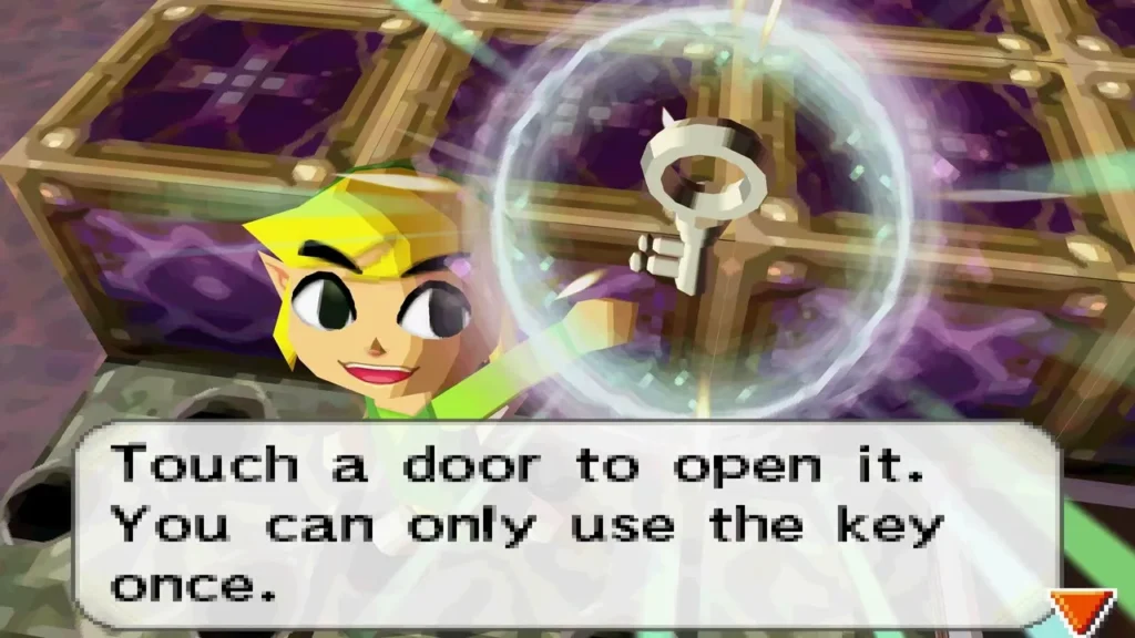 Link holding up the small key for the Floor 19 stairwell with the Touch a door message on screen Link holding up the small key for the Floor 19 stairwell with the Touch a door message on screen