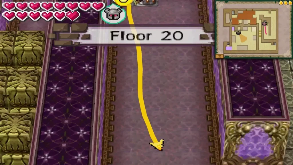Floor 20 corridor of the Tower of Spirits with its name banner and a yellow route drawn down the purple hall Floor 20 corridor of the Tower of Spirits with its name banner and a yellow route drawn down the purple hall