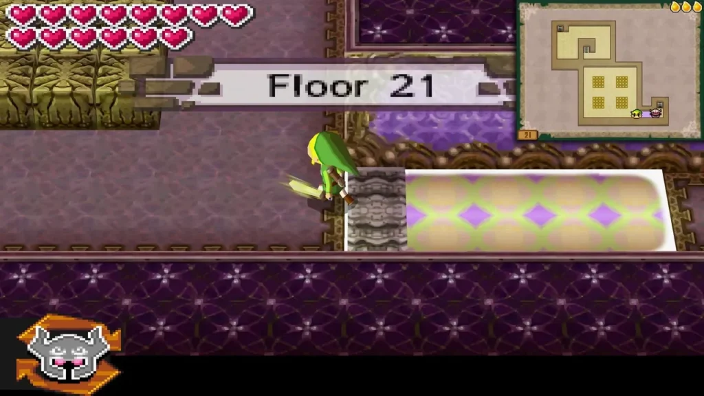 Link on Floor 21 of the Tower of Spirits with the floor name banner over the stone tiles Link on Floor 21 of the Tower of Spirits with the floor name banner over the stone tiles