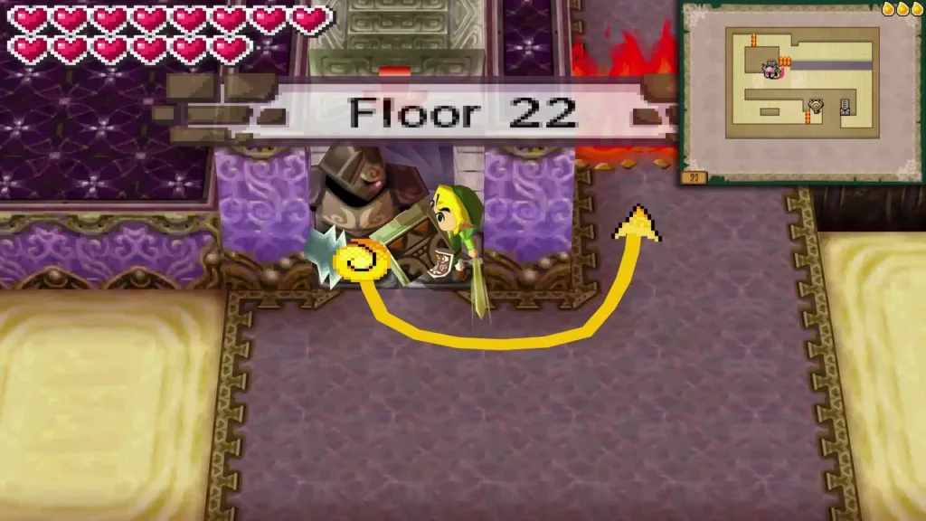 Link on Floor 22 with the Floor 22 name banner shown and a route drawn across the room Link on Floor 22 with the Floor 22 name banner shown and a route drawn across the room