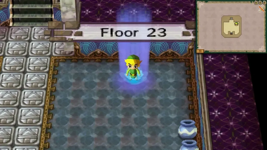 Link standing in the blue warp beam on Floor 23 of the Tower of Spirits Link standing in the blue warp beam on Floor 23 of the Tower of Spirits