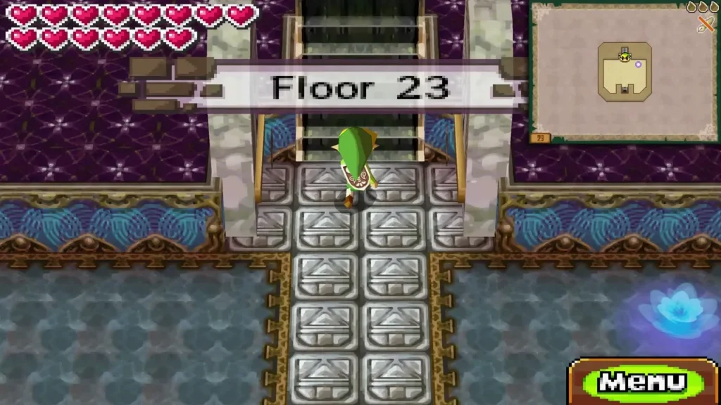 Link at the foot of the stairs on Floor 23 with the Floor 23 name banner shown Link at the foot of the stairs on Floor 23 with the Floor 23 name banner shown