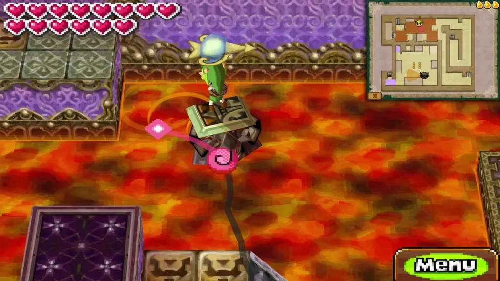 Link lifting an arrow launcher over the Floor 20 lava room Link lifting an arrow launcher over the Floor 20 lava room