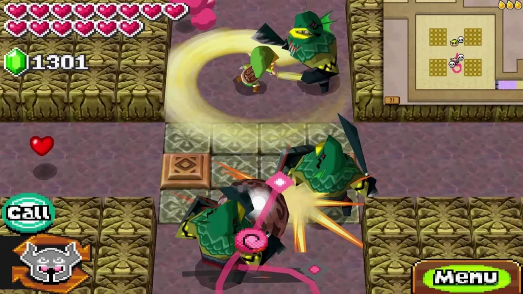 Link with a sword swinging at green armored foes in the Floor 21 battle room Link with a sword swinging at green armored foes in the Floor 21 battle room