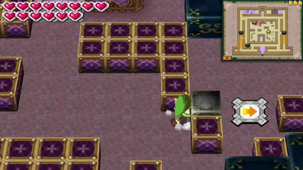 Link pushing a small block toward a floor switch, with an orange arrow marking its direction Link pushing a small block toward a floor switch, with an orange arrow marking its direction