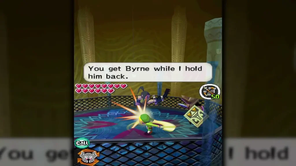 Link slashing at Byrne while Zelda holds him down, with Zelda's line about holding him back on screen Link slashing at Byrne while Zelda holds him down, with Zelda's line about holding him back on screen