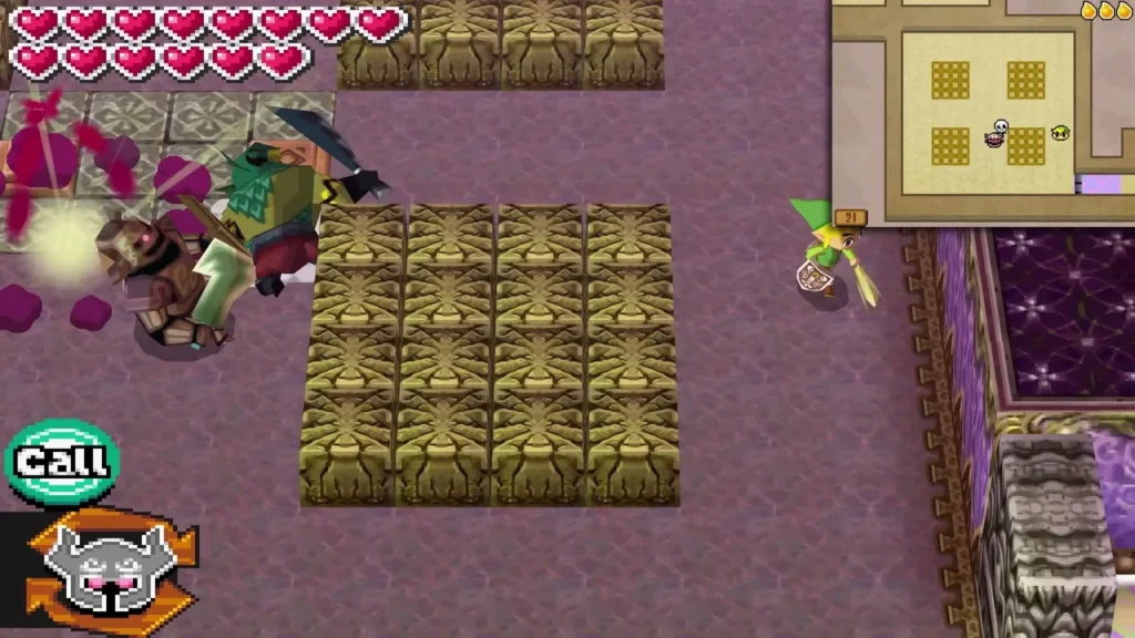 Link in the Floor 21 battle room with the Whip out near a green armored foe Link in the Floor 21 battle room with the Whip out near a green armored foe