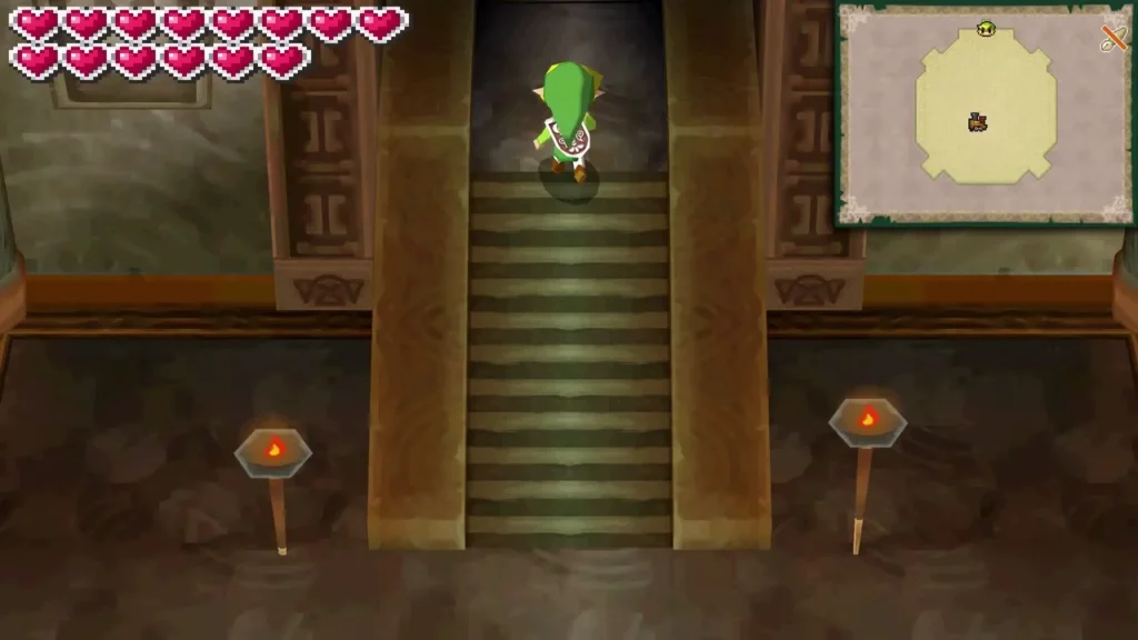 Link at the top of a long staircase in the Tower of Spirits, with lanterns on either side Link at the top of a long staircase in the Tower of Spirits, with lanterns on either side