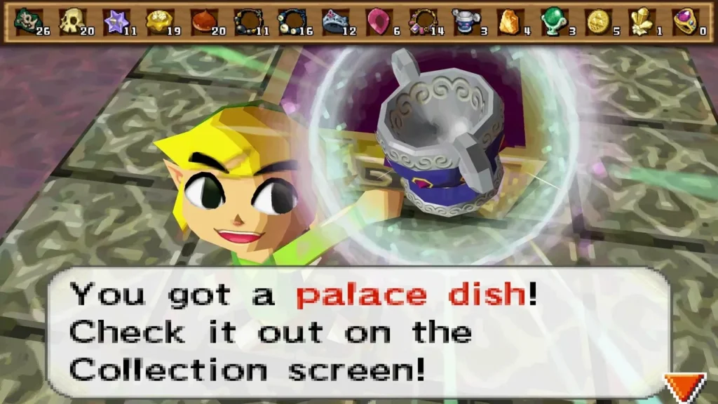 Link holding up a treasure from the pale-tiled room chest with its item message on screen Link holding up a treasure from the pale-tiled room chest with its item message on screen