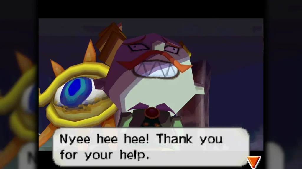 Purple villain with a golden eye thanking Link with a grin after the ritual Purple villain with a golden eye thanking Link with a grin after the ritual