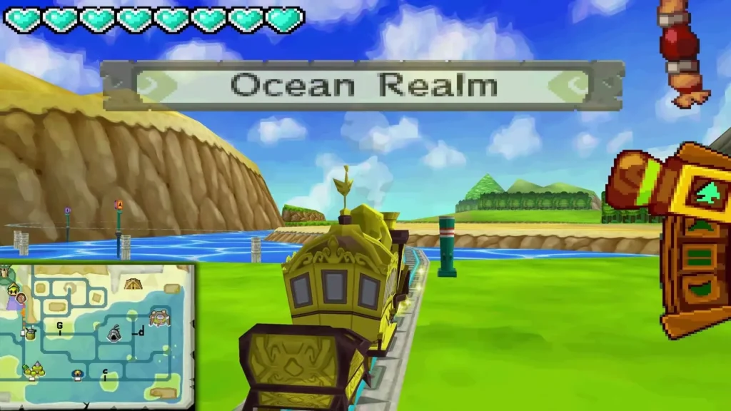 The yellow Spirit Train on new tracks in the Ocean Realm with its name banner shown The yellow Spirit Train on new tracks in the Ocean Realm with its name banner shown