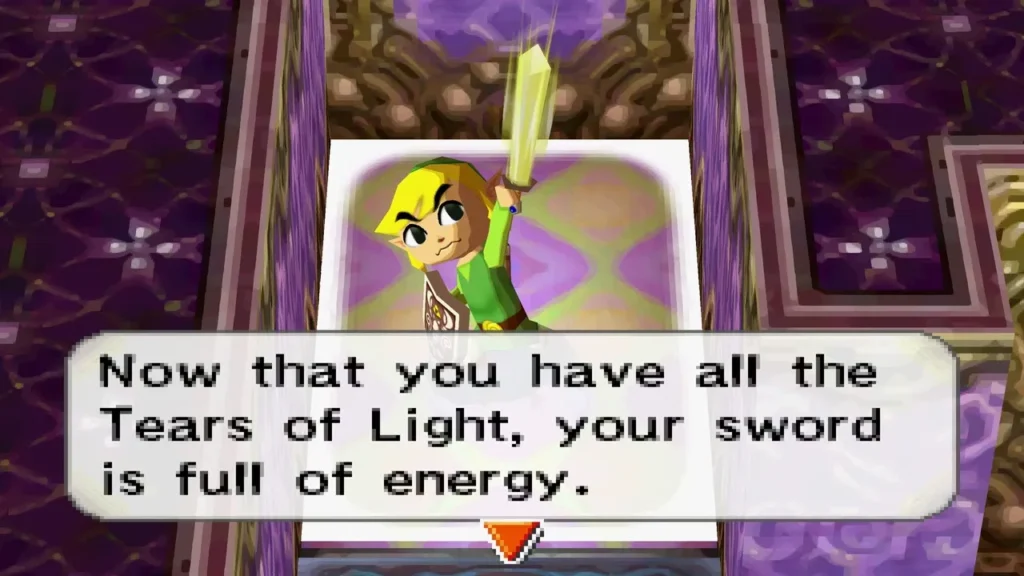 Link raising his sword after collecting all three Tears of Light Link raising his sword after collecting all three Tears of Light
