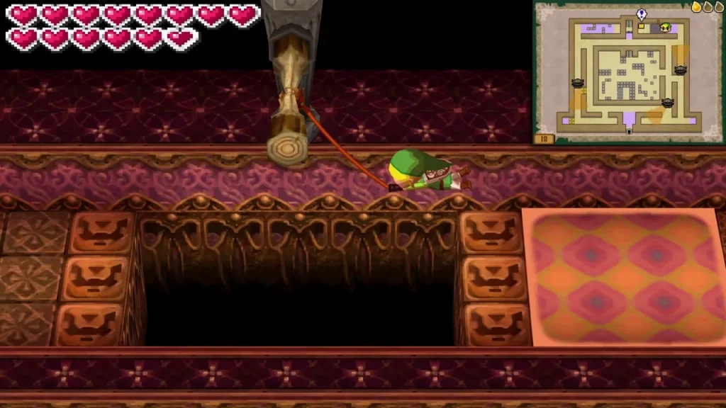 Link swinging the Whip across a gap on Floor 18 of the Tower of Spirits Link swinging the Whip across a gap on Floor 18 of the Tower of Spirits