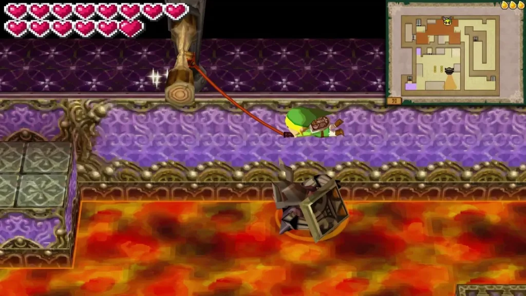 Link swinging on the Whip from a wooden beam above the Floor 20 lava room Link swinging on the Whip from a wooden beam above the Floor 20 lava room