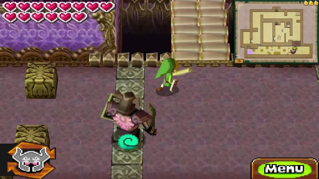Zelda as a Wrecker Phantom rolling along a stone path while Link watches Zelda as a Wrecker Phantom rolling along a stone path while Link watches