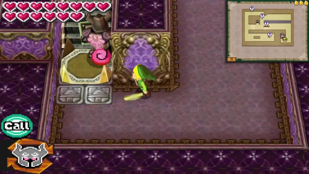 Zelda standing on the pink circle of a shape platform while Link waits beside a stone block Zelda standing on the pink circle of a shape platform while Link waits beside a stone block