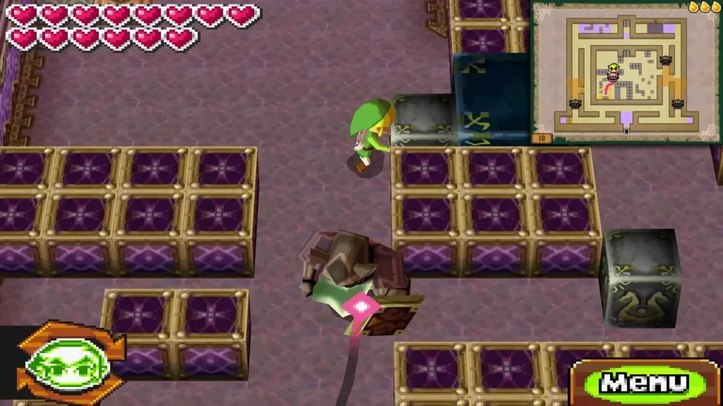 Zelda as a Wrecker Phantom pushing through the purple block room on Floor 18 with Link nearby Zelda as a Wrecker Phantom pushing through the purple block room on Floor 18 with Link nearby