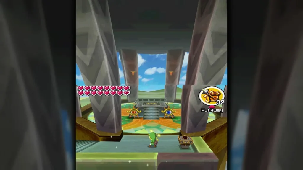 Link at the Tower of Spirits altar, the blue divine eyes ahead through the stone arch