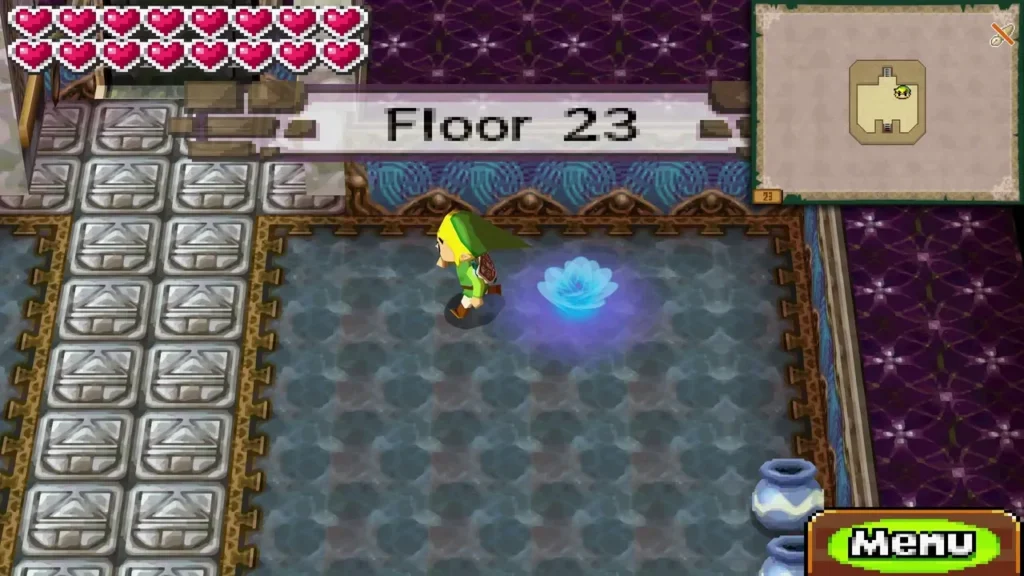 Floor 23 name card with a glowing blue portal on the tiled floor of the Tower of Spirits