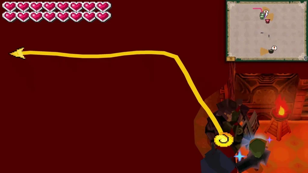 Boomerang arcing across a red-lit room toward a brazier on floor 29 of the Tower of Spirits