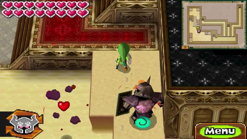 Link beside breakable purple blocks and a heart pickup in a Tower of Spirits room