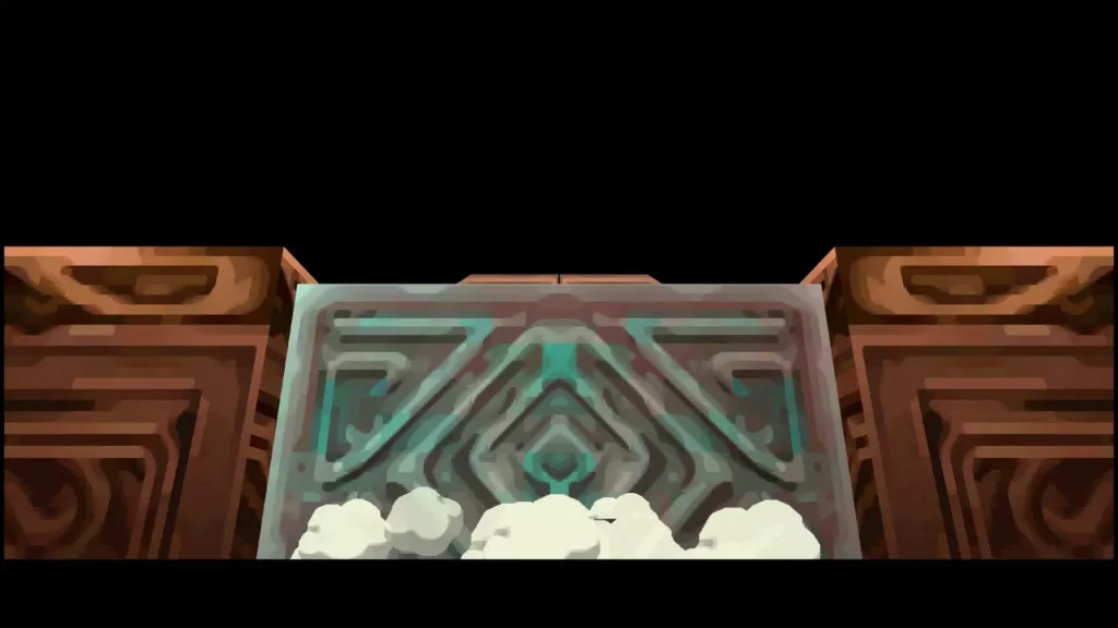 The large stone door on floor 25 of the Tower of Spirits, with dust clouds at its base
