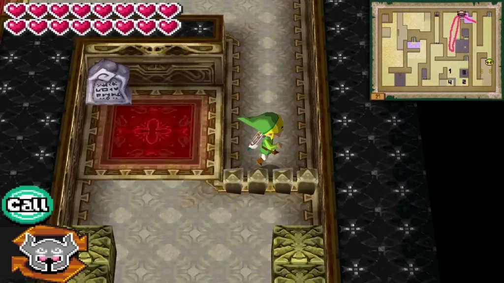 Link on a stone floor beside a red carpet on floor 28 of the Tower of Spirits, a Call prompt on screen