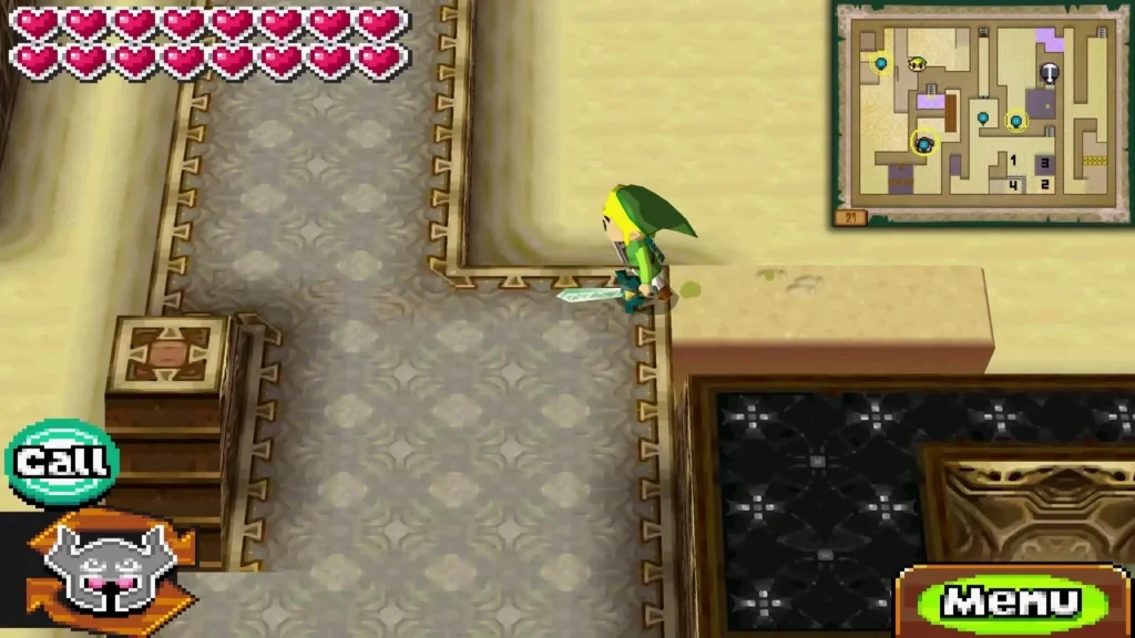 Link beside a sand block on a grey floor with a Call prompt on screen