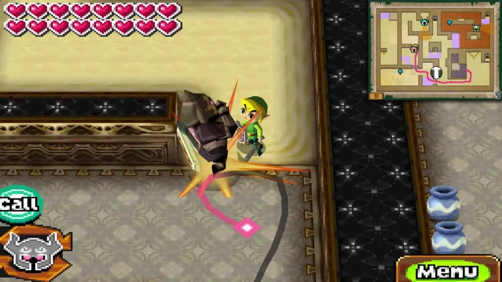 Link fighting a dark Phantom beside red spike tiles with a pink path below